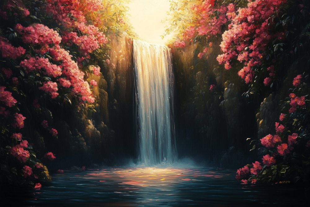 Vredige watervalbloesemtuin behang