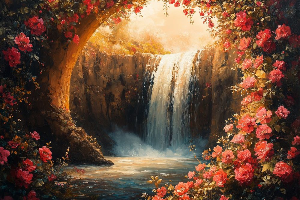 Impressionistische watervalbloei behang