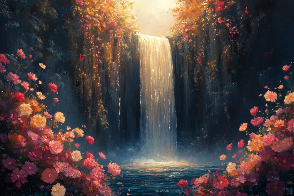 Bloemrijke waterval schilderij behang