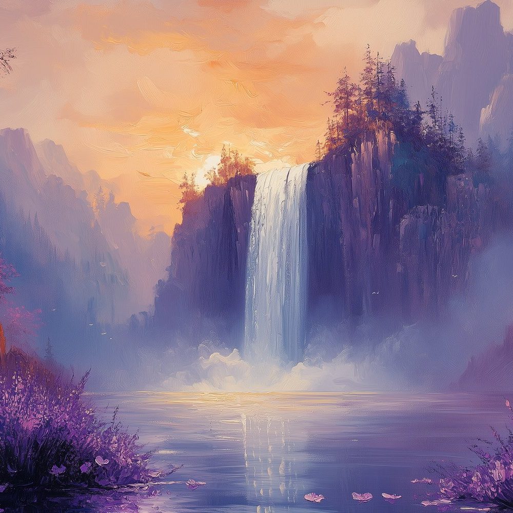 Betoverende waterval schilderij behang