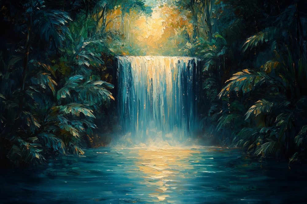 Vredige waterval in natuur behang