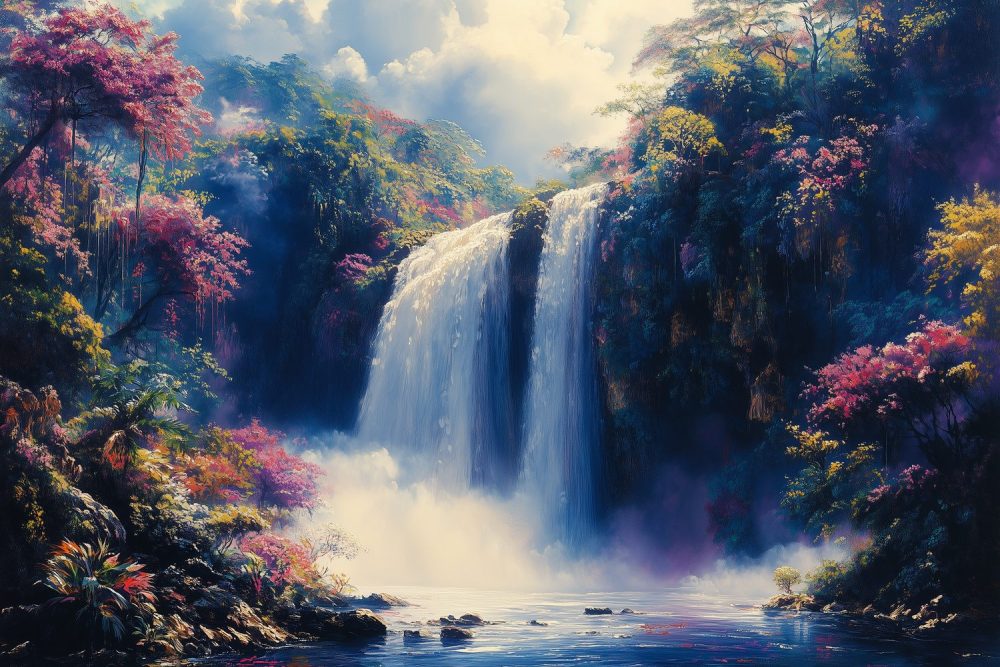 Majestueuze waterval in bos behang