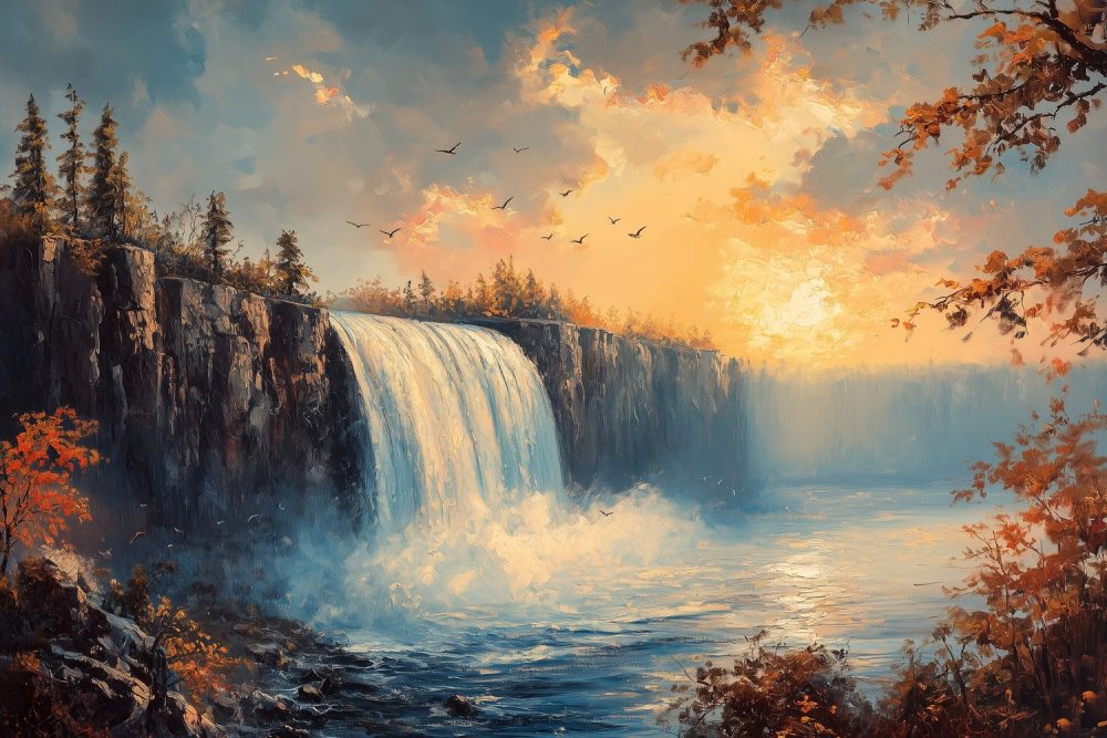 Zonsondergang bij waterval behang