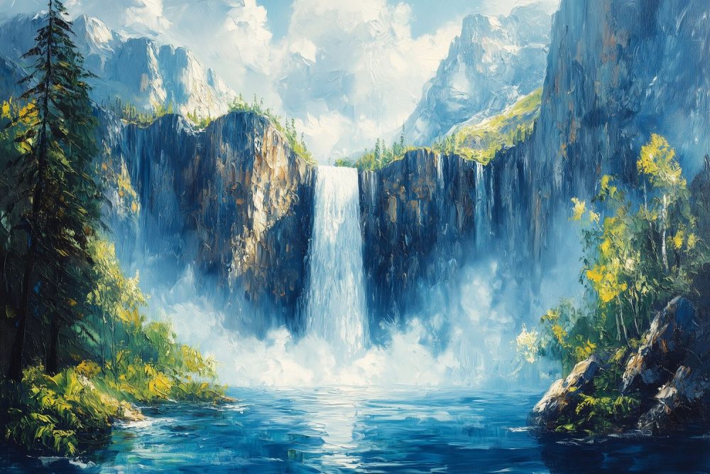 Impressionistische waterval schildering behang