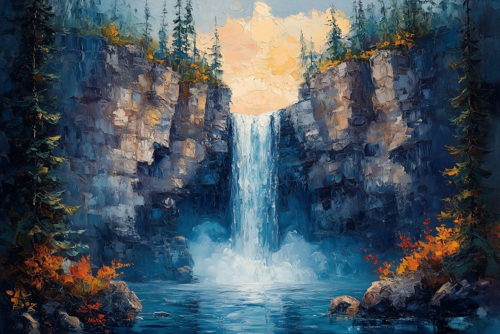 Vredige waterval schildering behang