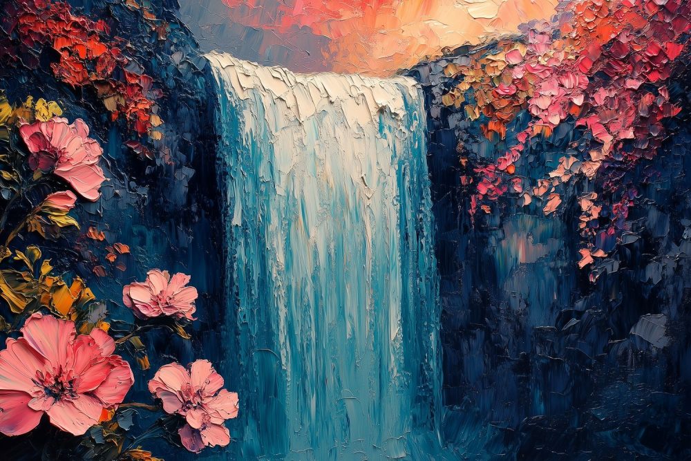 Levendige watervalbloemenschildering behang