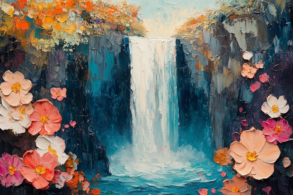 Kleurrijke watervalbloemenschilderij behang