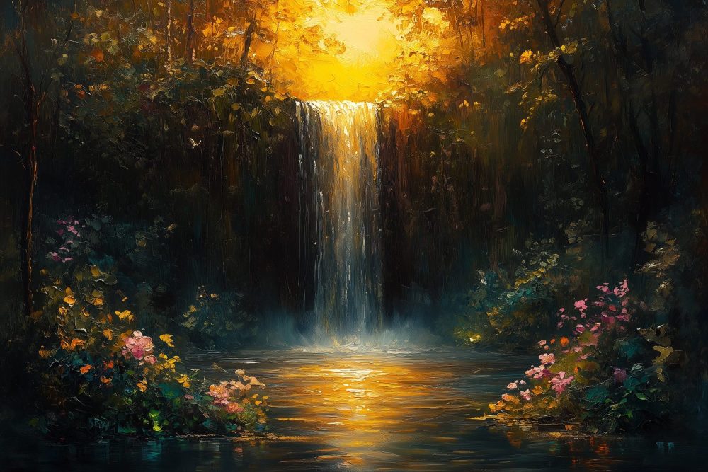 Zonnig boswaterval schilderij behang