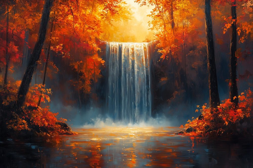 Oranje waterval bos behang