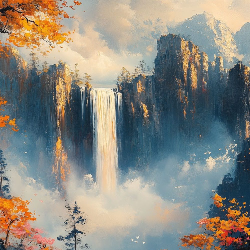 Bergwaterval in serene kleuren behang