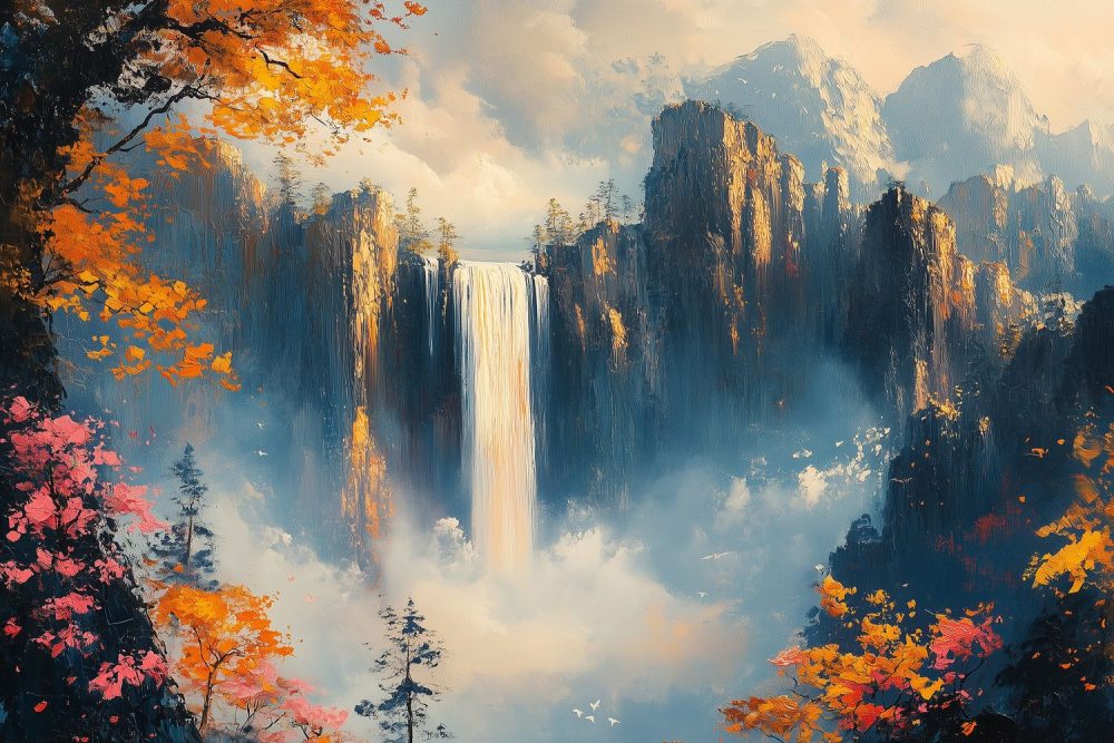 Bergwaterval in serene kleuren behang