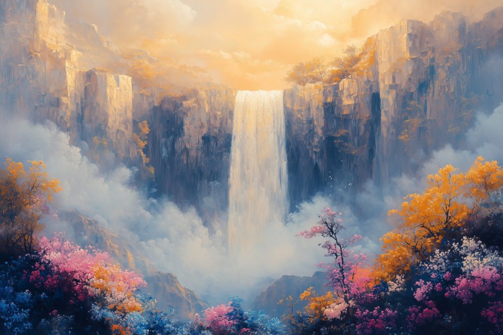 Majestueuze waterval schilderij behang