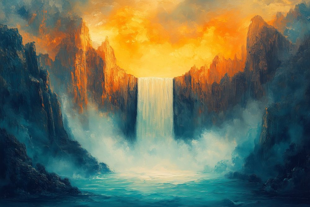 Majestueuze waterval schilderij behang