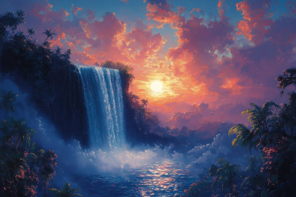 Zonsondergang bij waterval behang