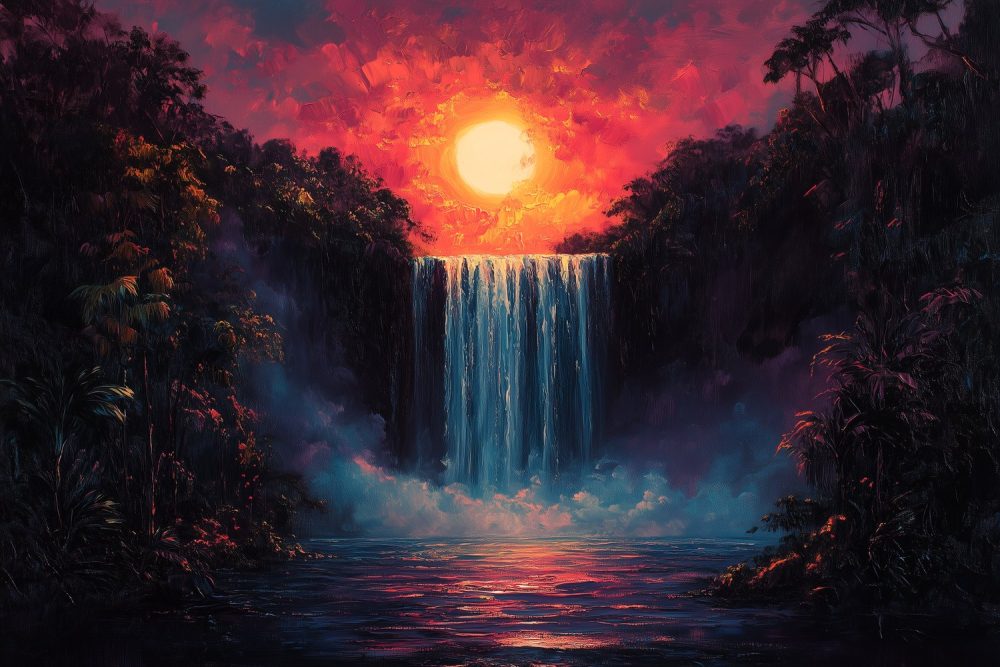 Zonnige waterval in kleuren behang