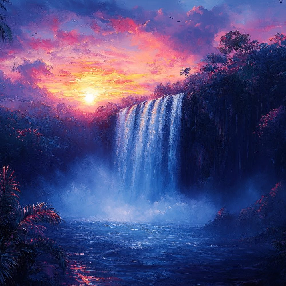 Betoverende waterval zonsondergang behang