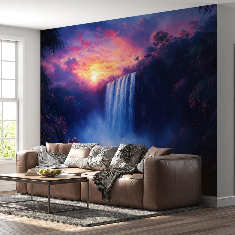 Alternative view of Betoverende waterval zonsondergang behang
