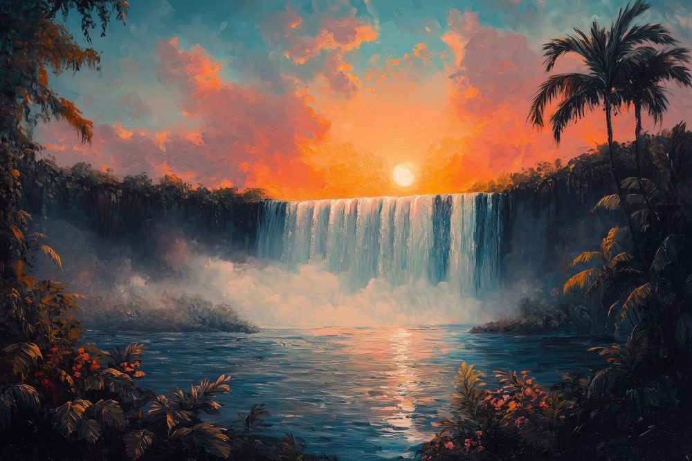 Tropische waterval zonsondergang behang