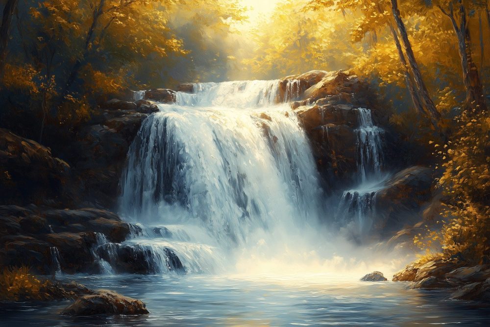 Herfstachtige waterval schilderij behang
