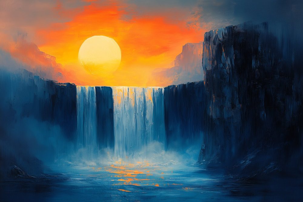 Zonsondergang bij waterval behang