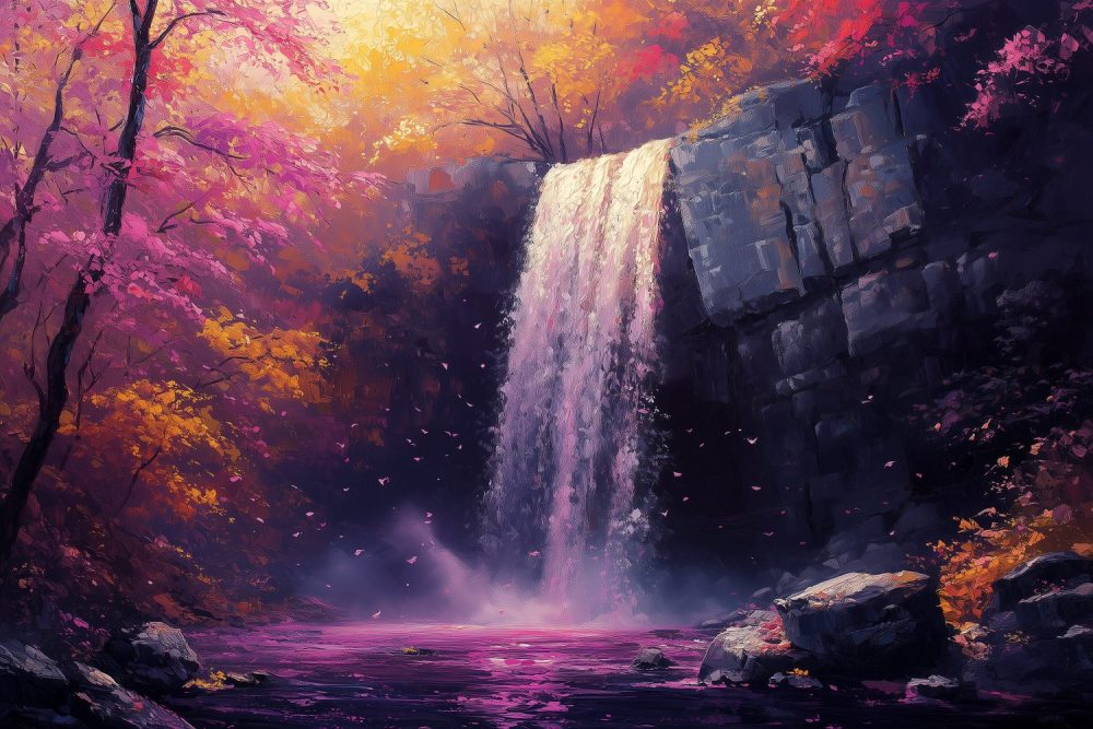 Betoverend boswaterval kunstwerk behang