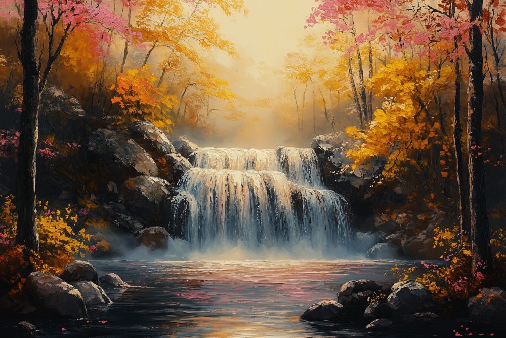 Herfstige Waterval Schilderij behang