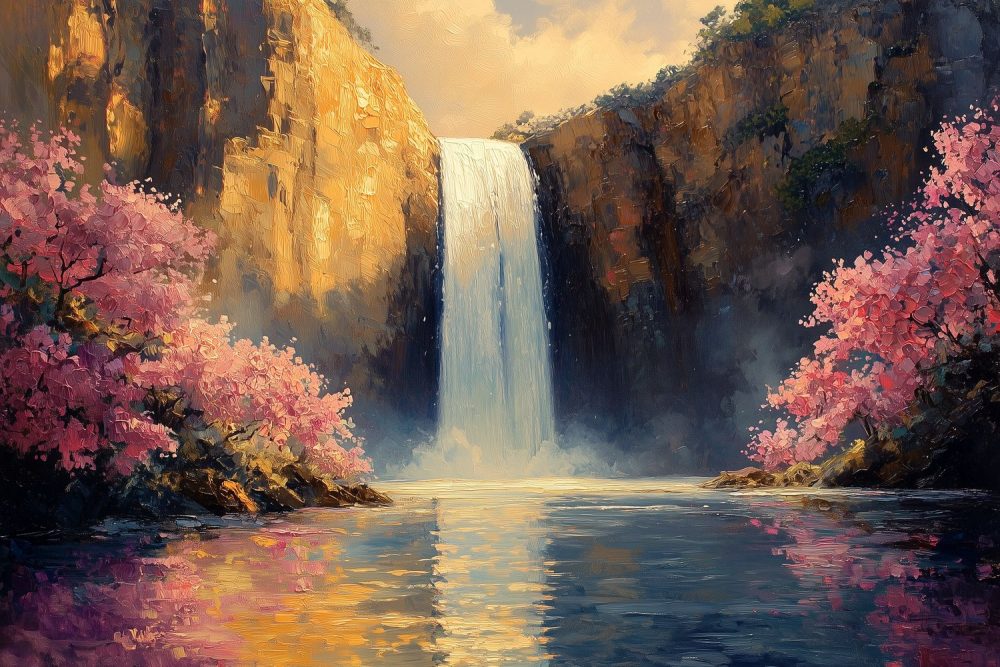 Tranquille waterval in berglandschap behang