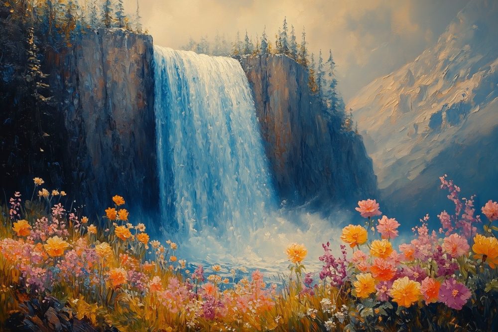 Waterval in Bloemenpracht behang