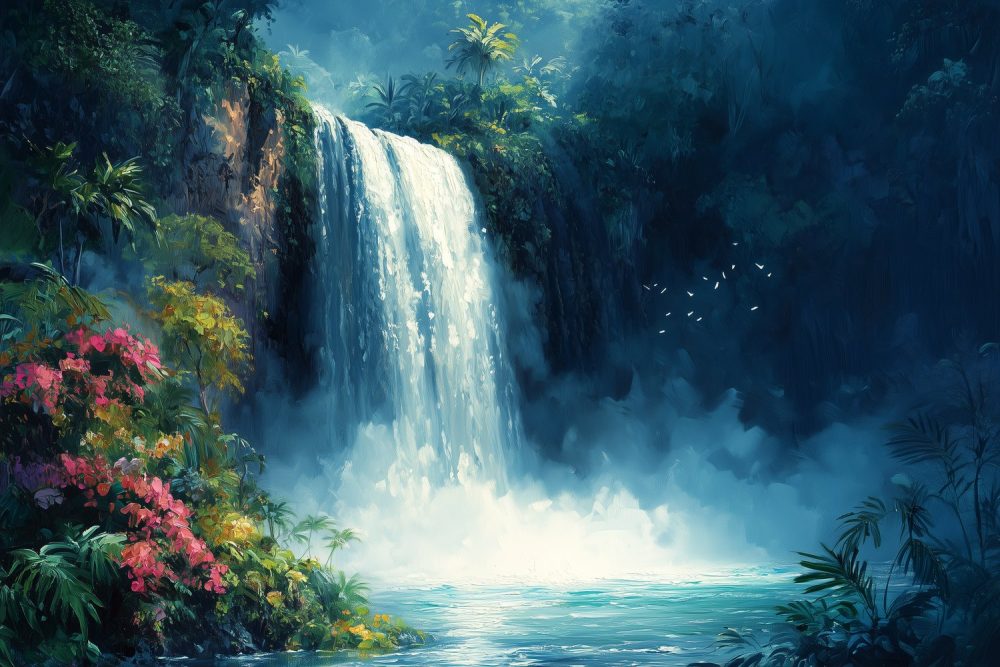 Betoverende watervalbloementuin behang