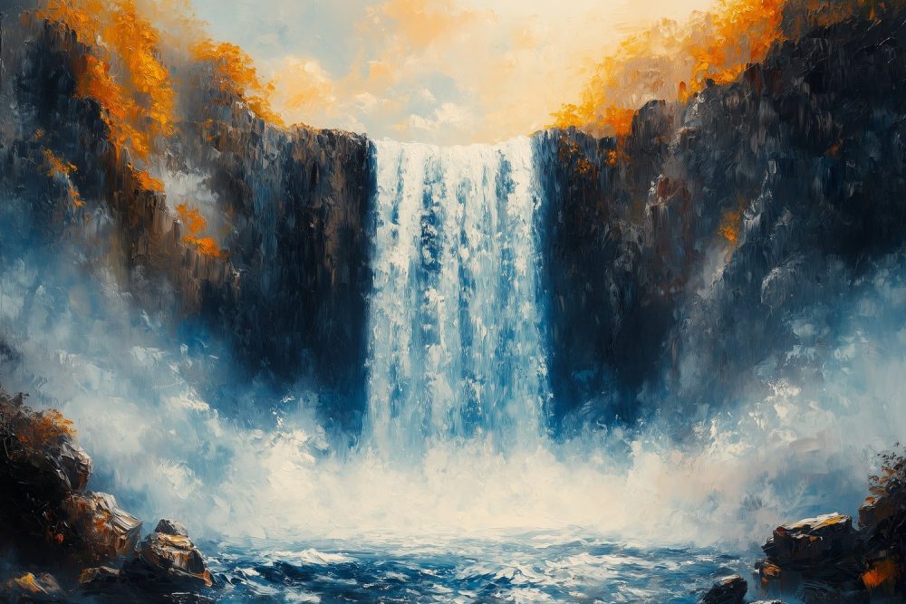 Impressionistische waterval schildering behang