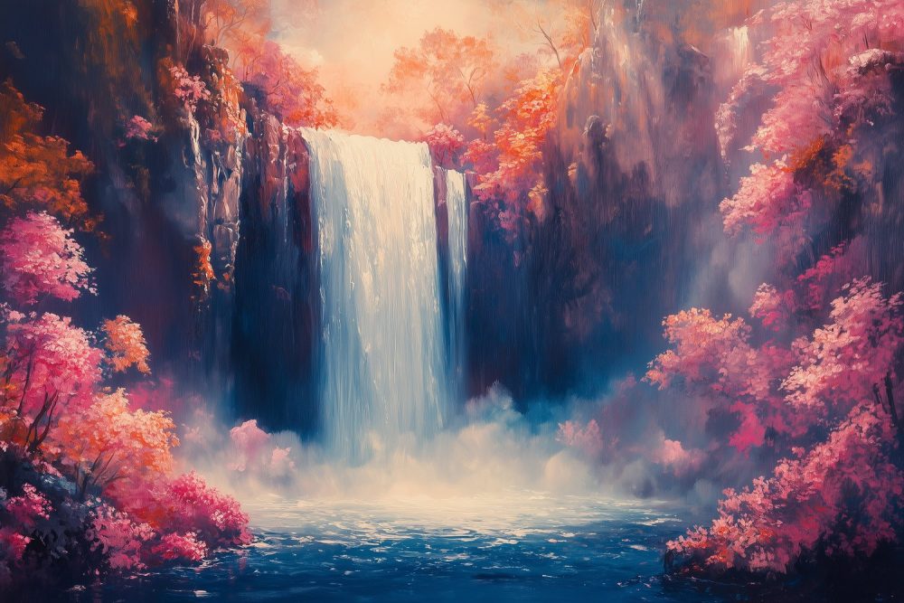 Mistig waterval boslandschap behang