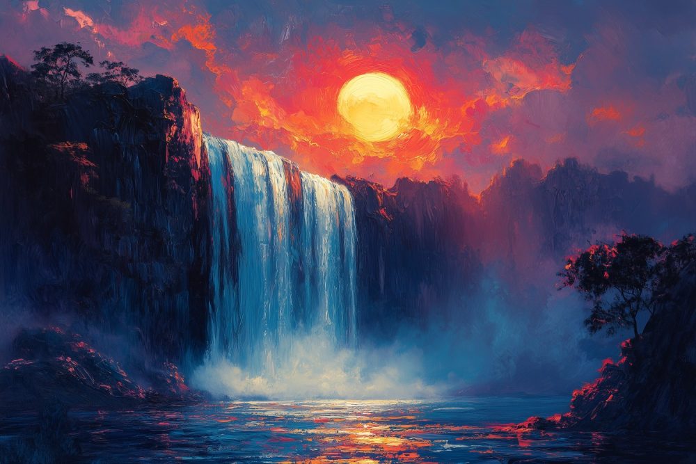 Maannacht Waterval Schilderij behang