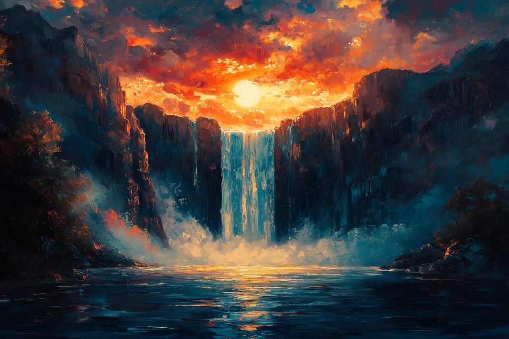 Impressionistische waterval schildering behang