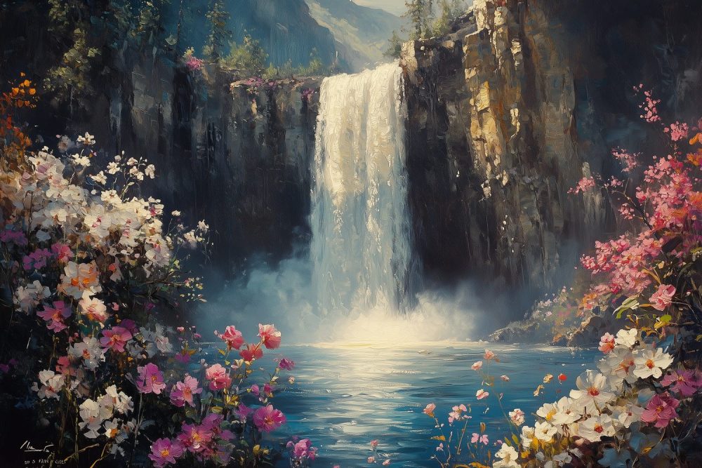 Betoverende waterval in bloementuin behang