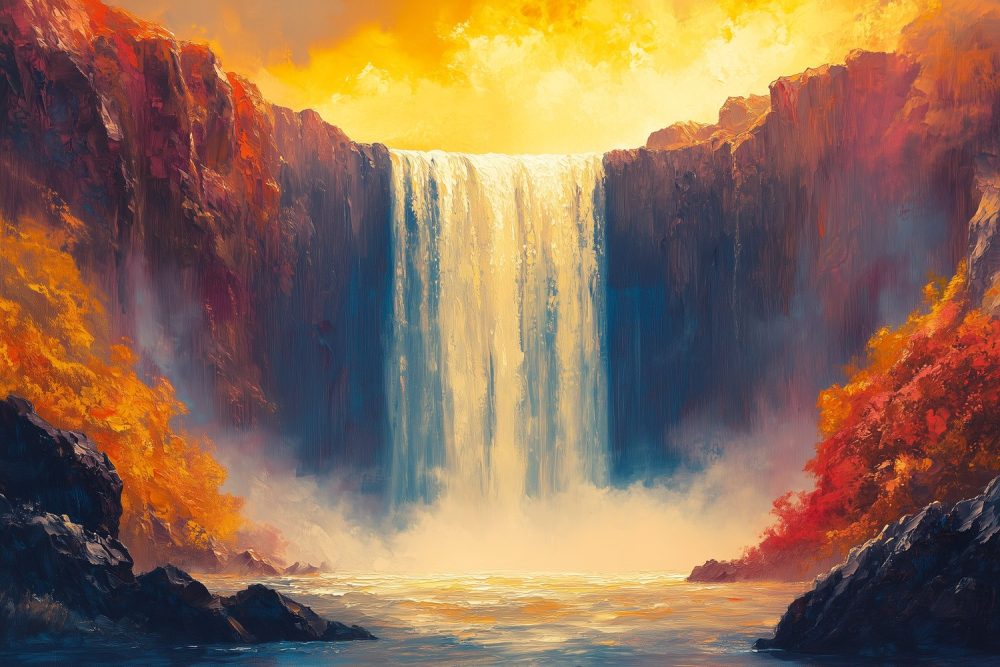 Zonnige Waterval Schilderij behang