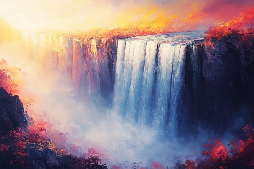 Kleurrijke waterval schilderij behang