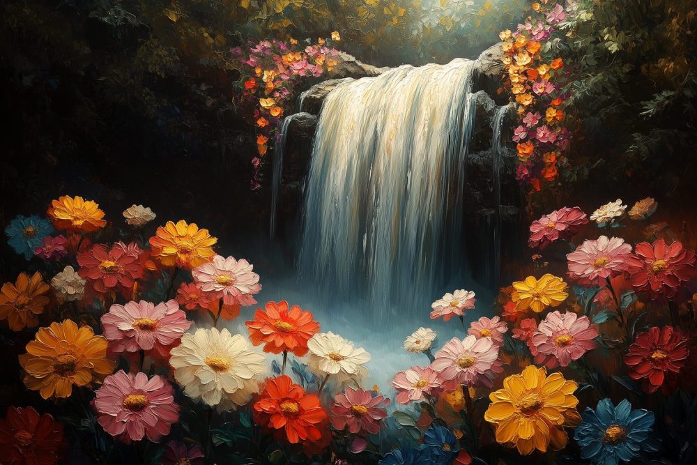 Kleurrijke waterval bloementuin behang