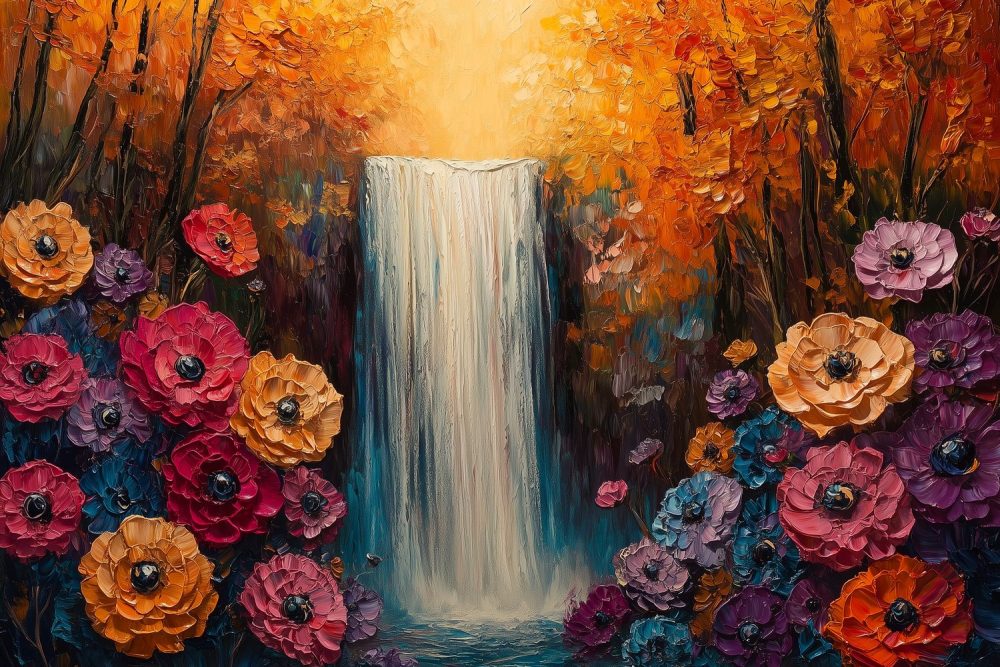 Kleurrijke watervalbloementuin behang