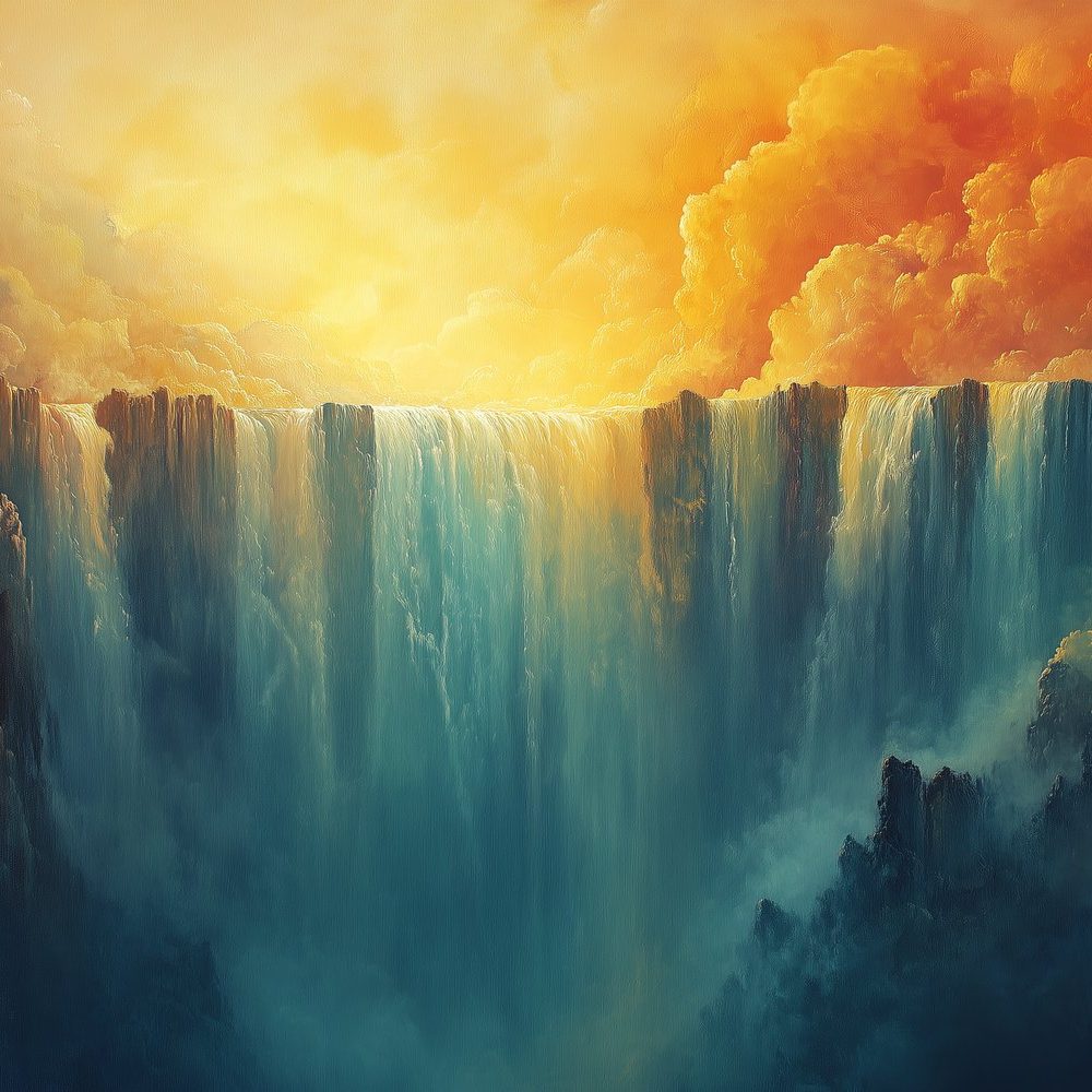 Dramatische waterval zonsondergang behang