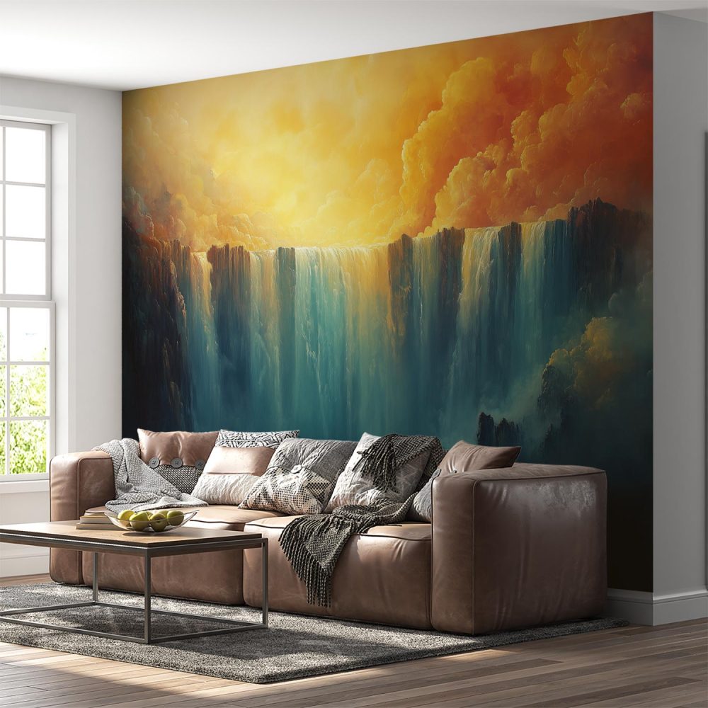 Alternative view of Dramatische waterval zonsondergang behang