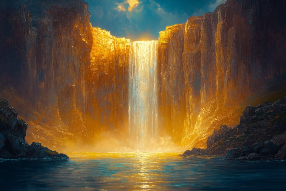 Warme waterval in bergen behang