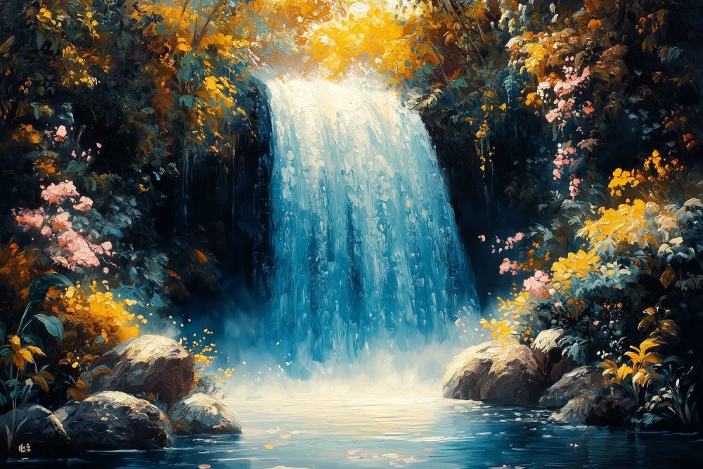 Kleurrijk watervalwoudschilderij behang