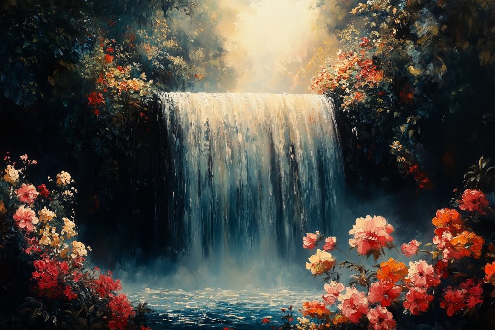 Vredige watervalbloementuin behang