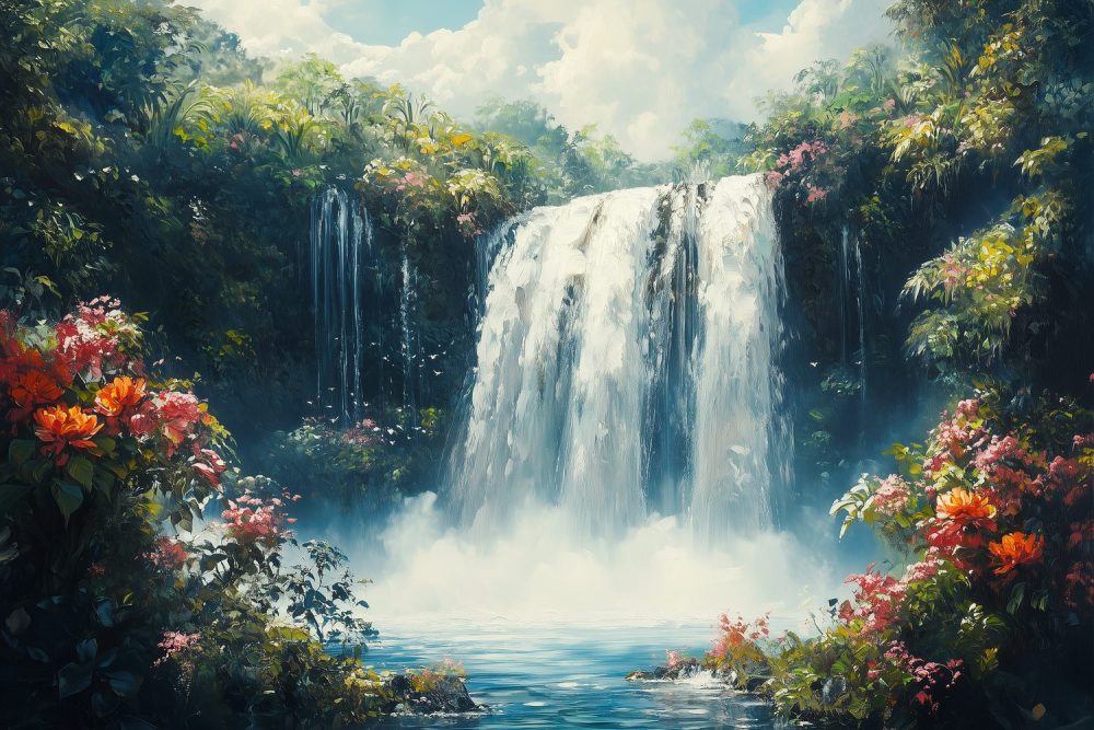 Tranquille waterval in tuin behang