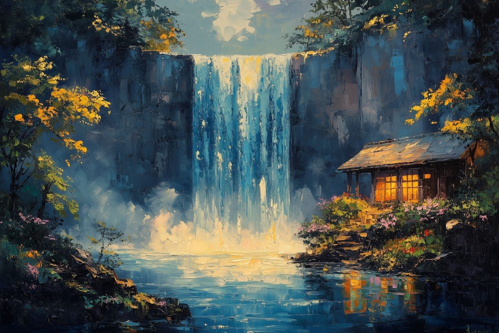 Watervalhuis in Impressionistische Stijl behang