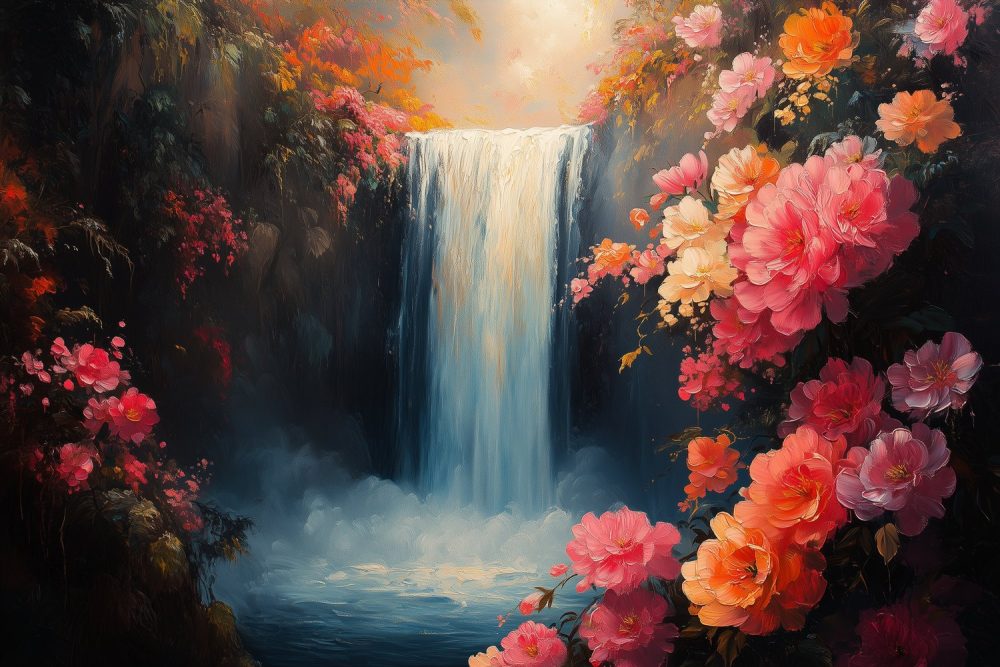 Kleurrijke Watervalbloementuin behang