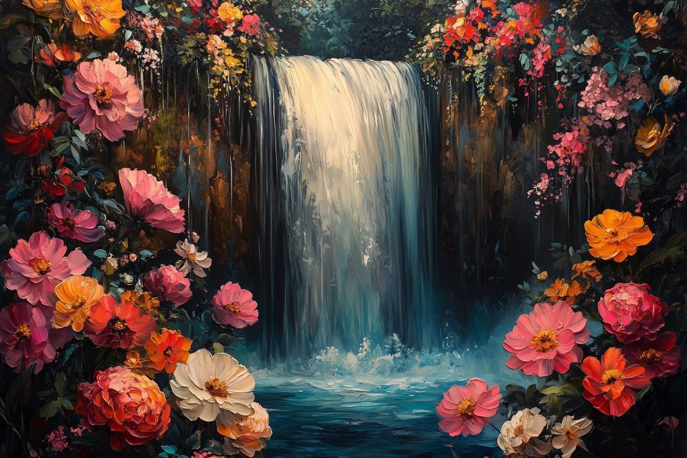 Kleurrijke waterval bloementuin behang