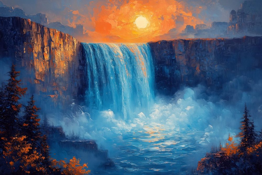 Impressionistische waterval landschapsschilderij behang