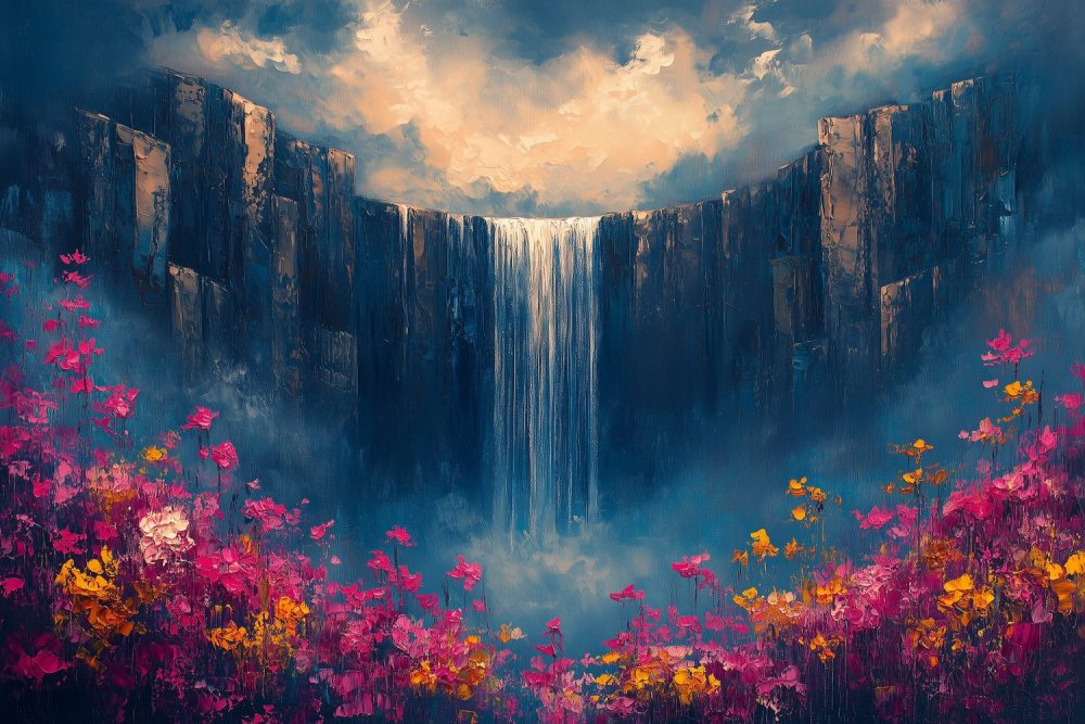 Waterval in Bloemenpracht behang