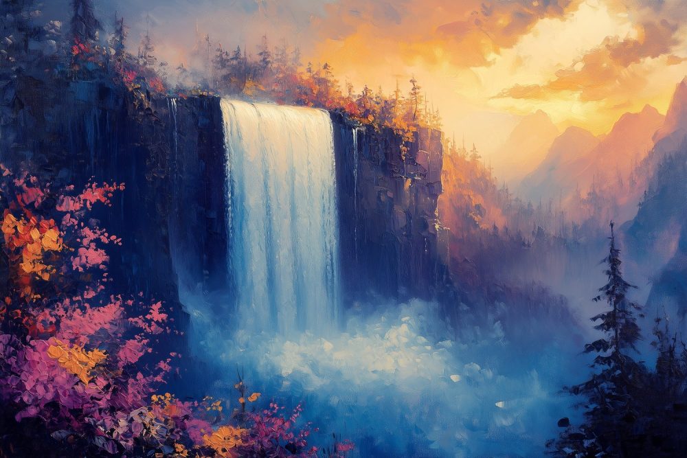 Kleurrijk waterval schilderij behang